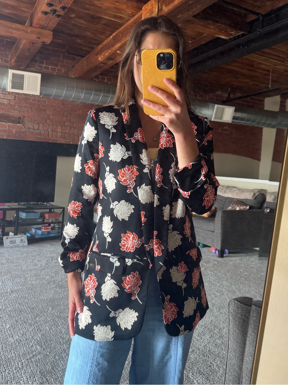 Calvin Klein Black Blazer with Red and Cream Floral Print